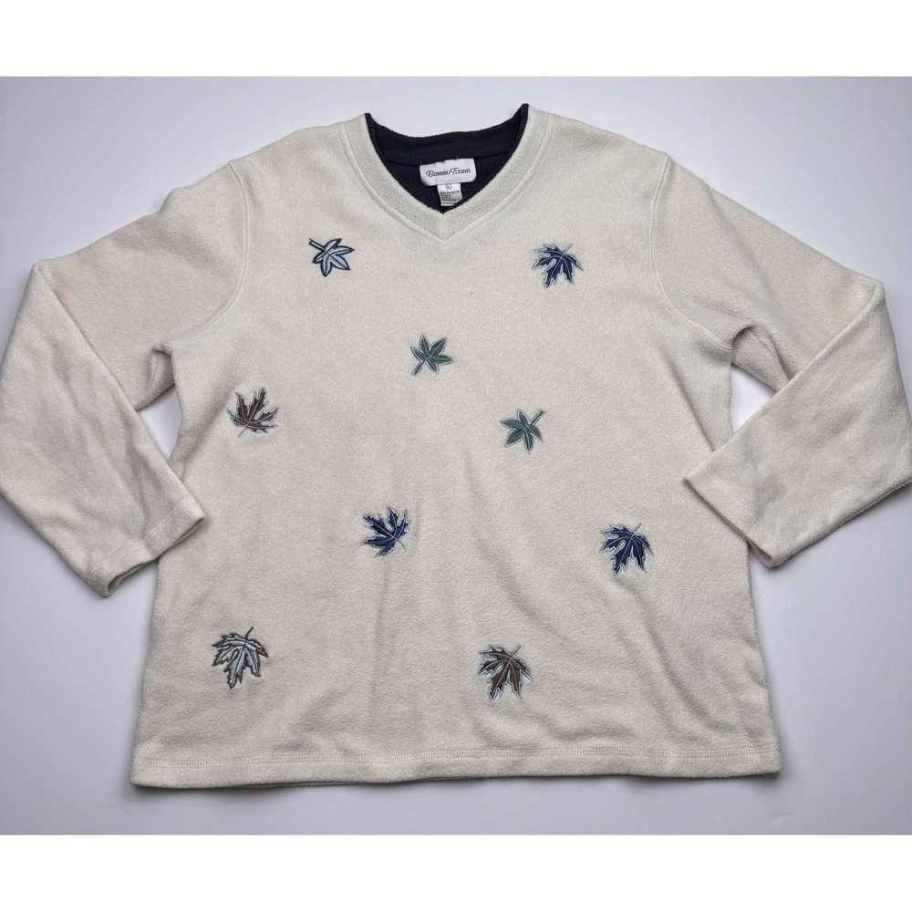 Bonnie Evans Sweater Womens Large Cream Fleece V Neck Embroidered Leaves Autumn